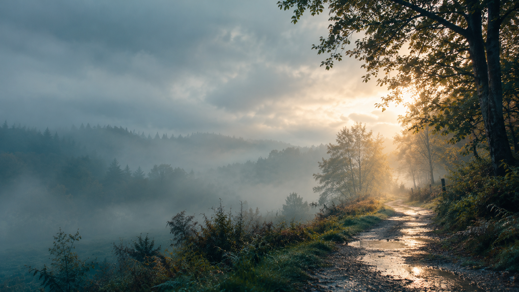 Sentier brumeux sous la lumière dorée
